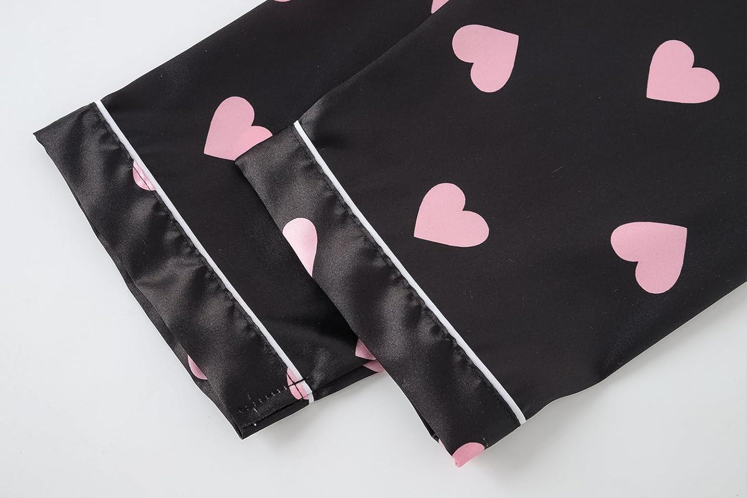 imageVopmocld Big Kids Unisex Pjs Set Girls Boys Silk Pajama Sets Satin Clasic Sleepwear Summer 2 Pieces Button Down NightyBlackPink Hearts