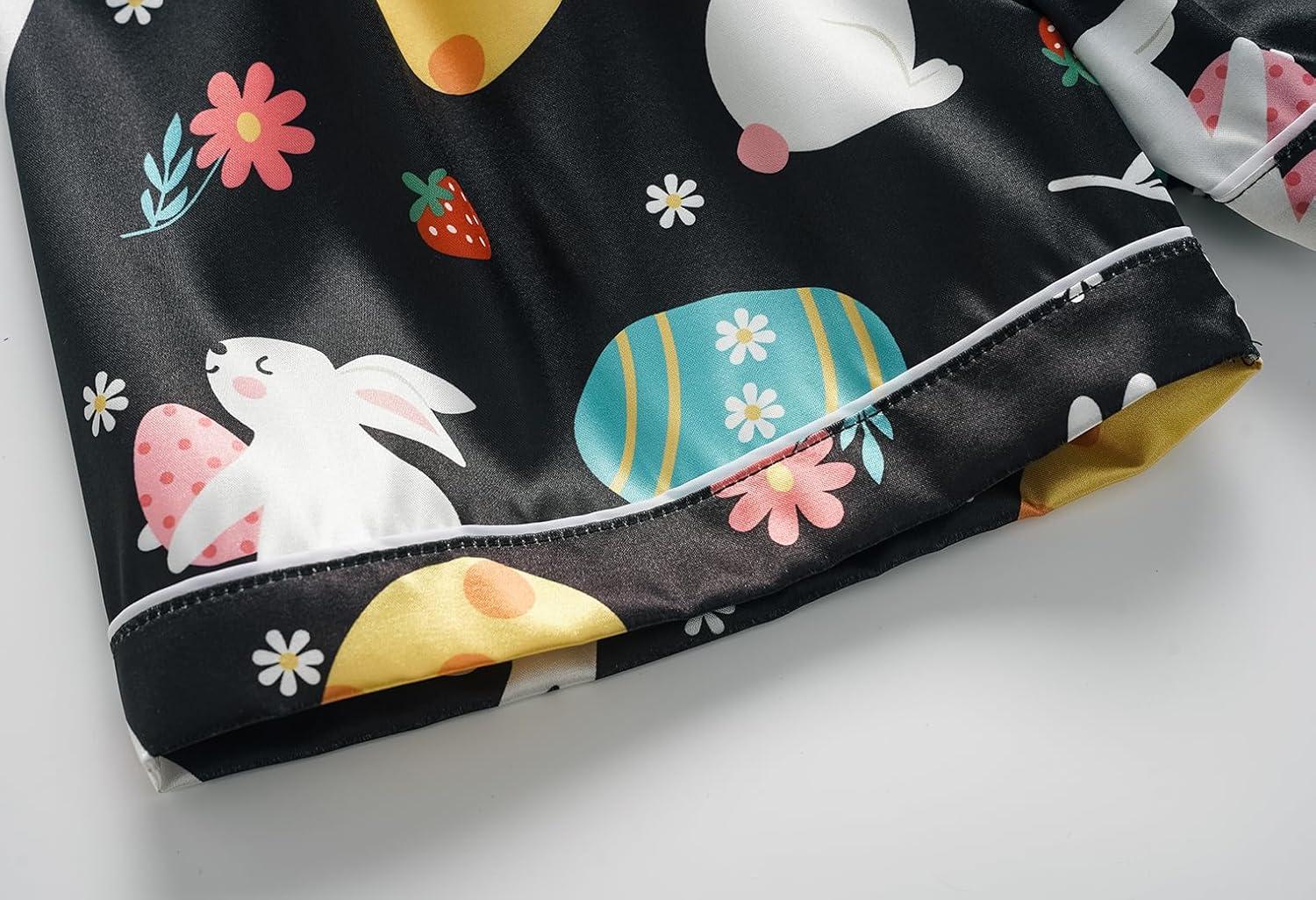 imageVopmocld Big Kids Unisex Pjs Set Girls Boys Silk Pajama Sets Satin Clasic Sleepwear Summer 2 Pieces Button Down NightyEaster Black Bunny