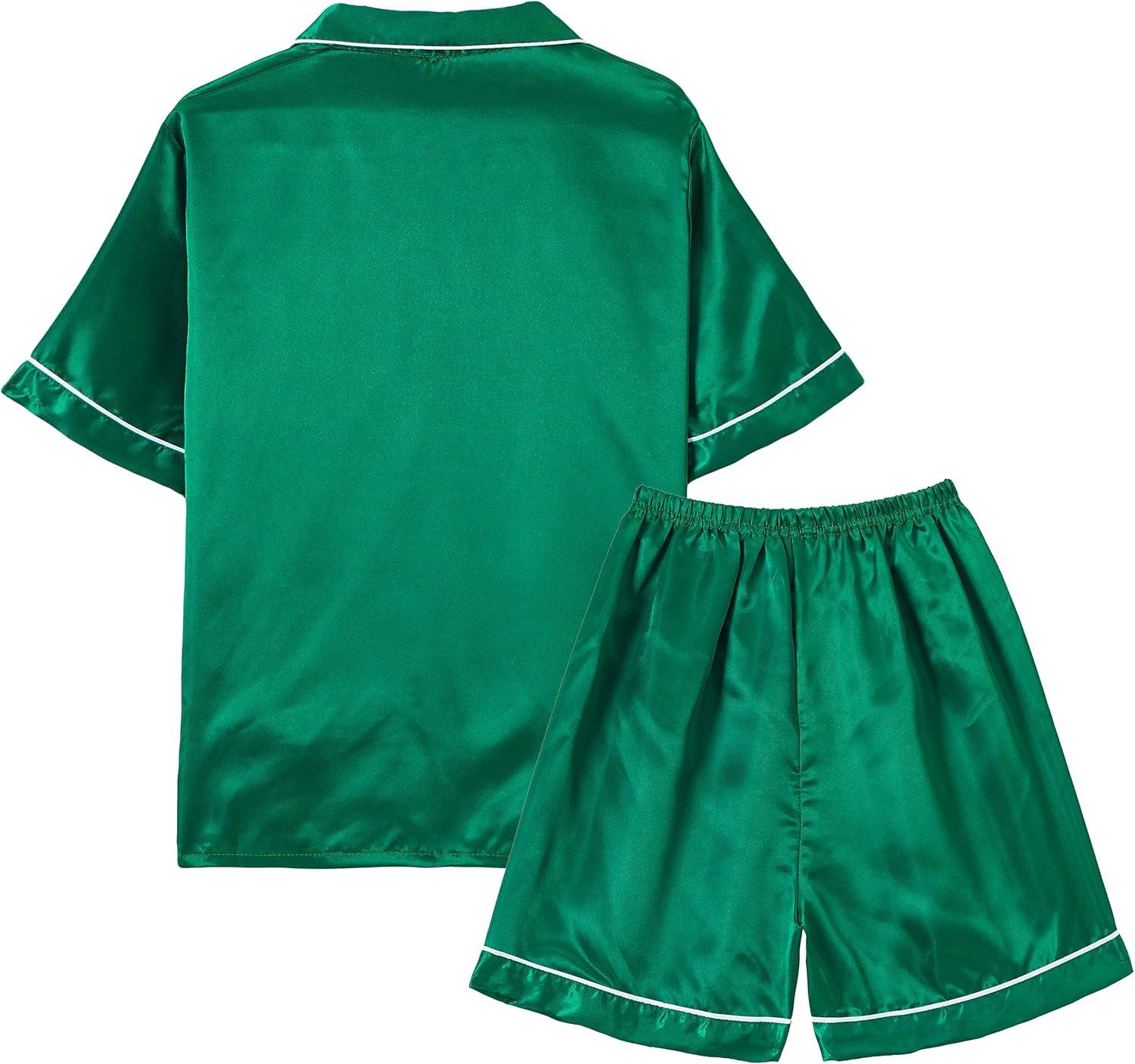 imageVopmocld Big Kids Unisex Pjs Set Girls Boys Silk Pajama Sets Satin Clasic Sleepwear Summer 2 Pieces Button Down NightyGreen