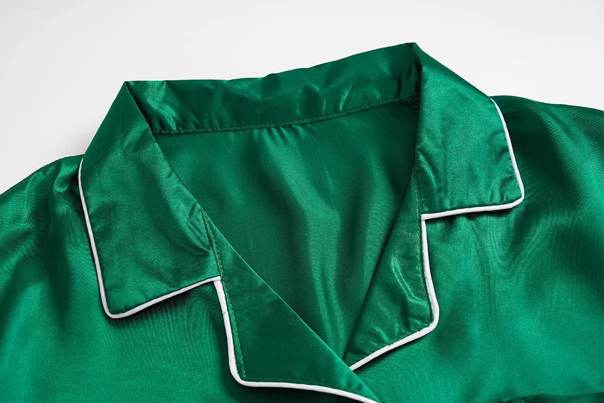 imageVopmocld Big Kids Unisex Pjs Set Girls Boys Silk Pajama Sets Satin Clasic Sleepwear Summer 2 Pieces Button Down NightyGreen
