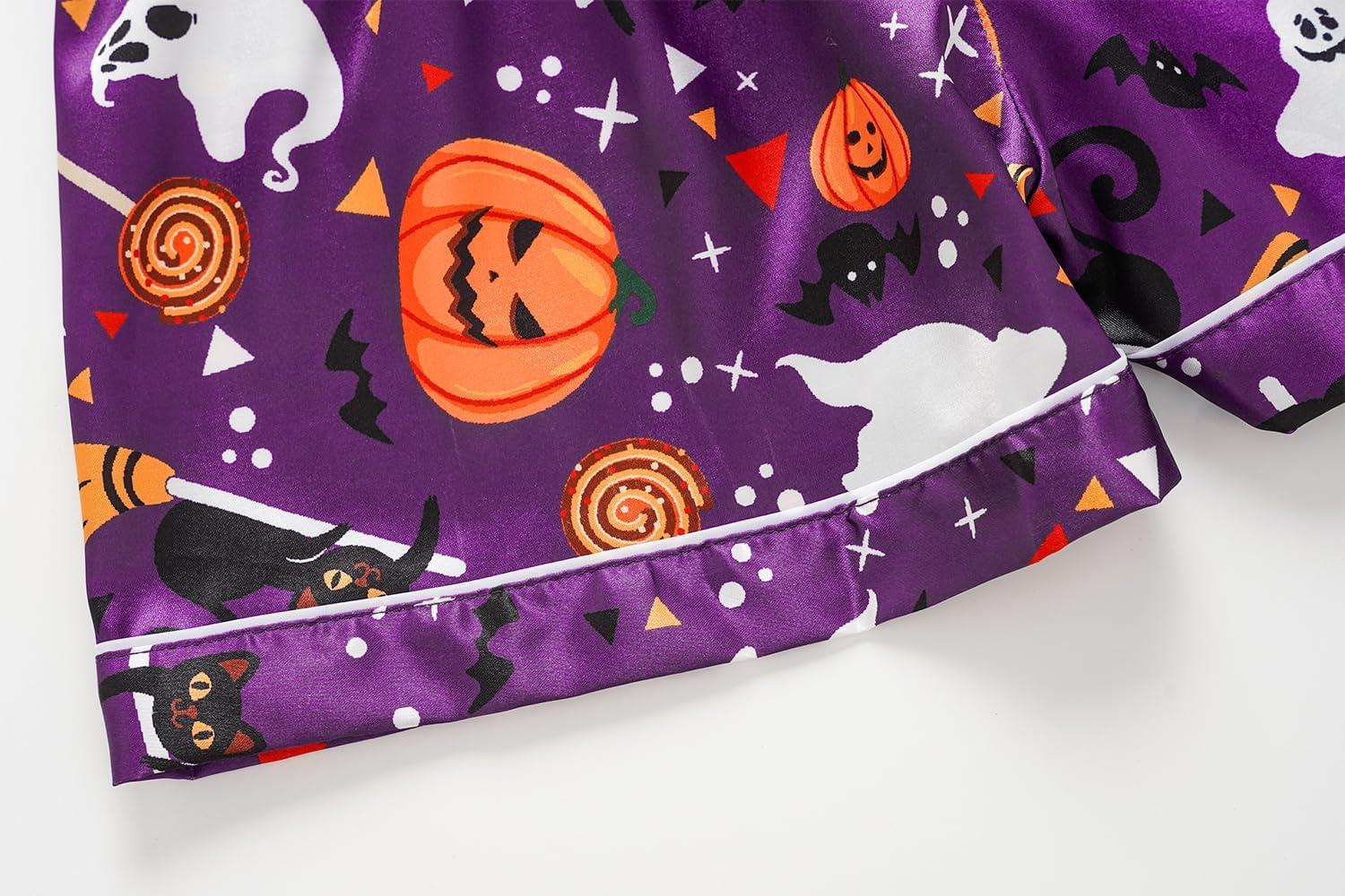 imageVopmocld Big Kids Unisex Pjs Set Girls Boys Silk Pajama Sets Satin Clasic Sleepwear Summer 2 Pieces Button Down NightyHalloween Purple