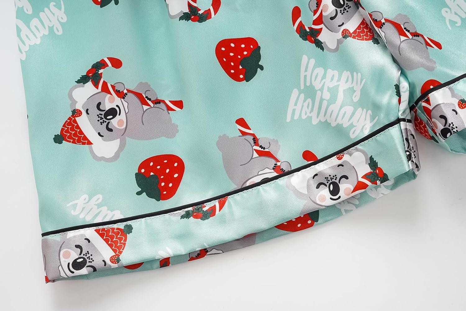 imageVopmocld Big Kids Unisex Pjs Set Girls Boys Silk Pajama Sets Satin Clasic Sleepwear Summer 2 Pieces Button Down NightyXmas Koala