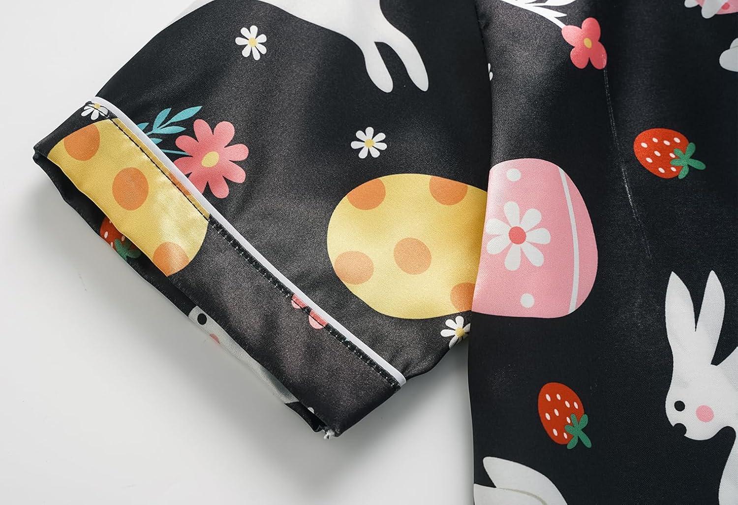 imageVopmocld Satin Pajama Sets Unisex Boys and Girls Silk Button Down Short Sleeve amp Shorts amp Pants Sleepwear 3PCS Loungewear PJSEaster Black Bunny