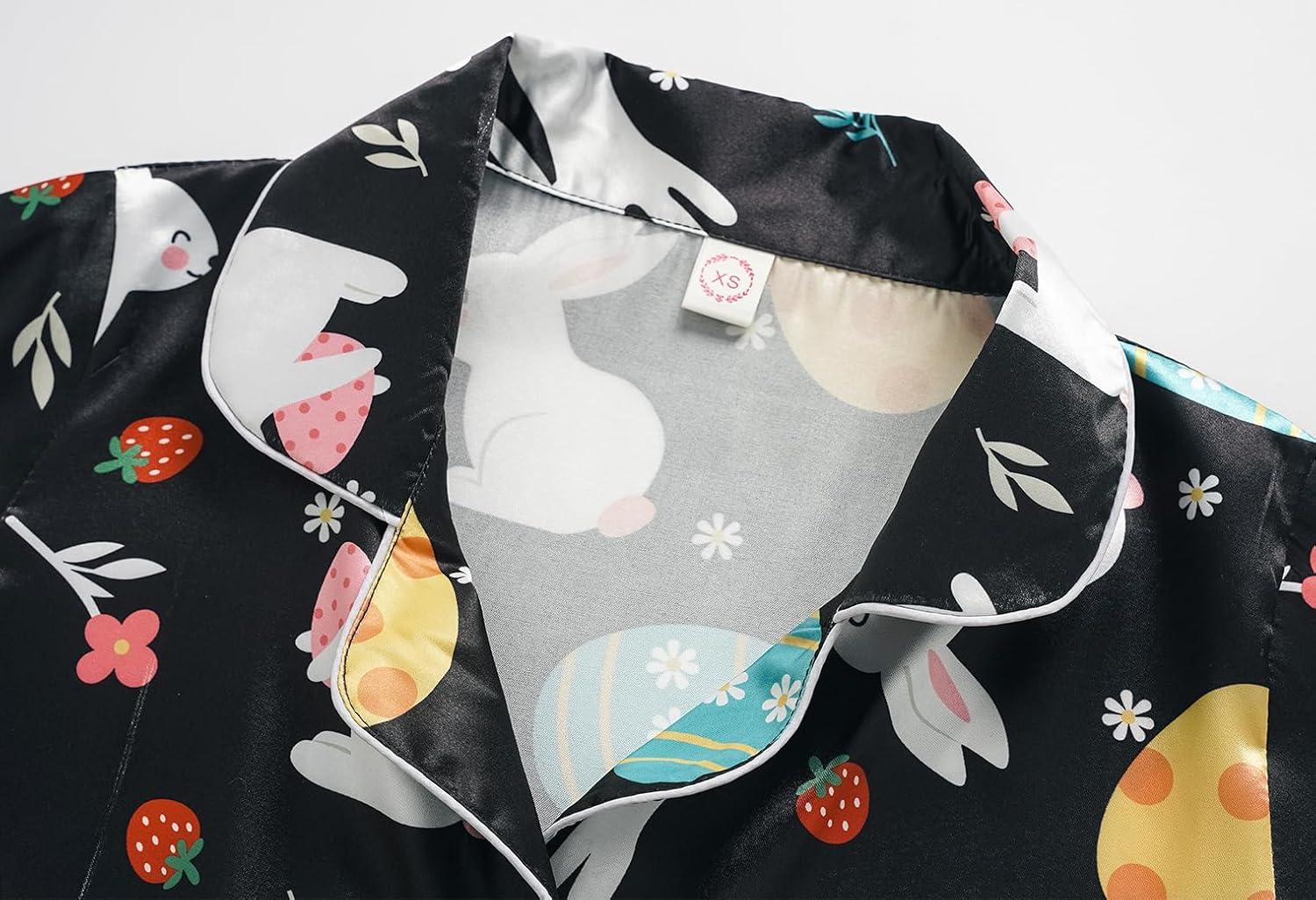 imageVopmocld Satin Pajama Sets Unisex Boys and Girls Silk Button Down Short Sleeve amp Shorts amp Pants Sleepwear 3PCS Loungewear PJSEaster Black Bunny