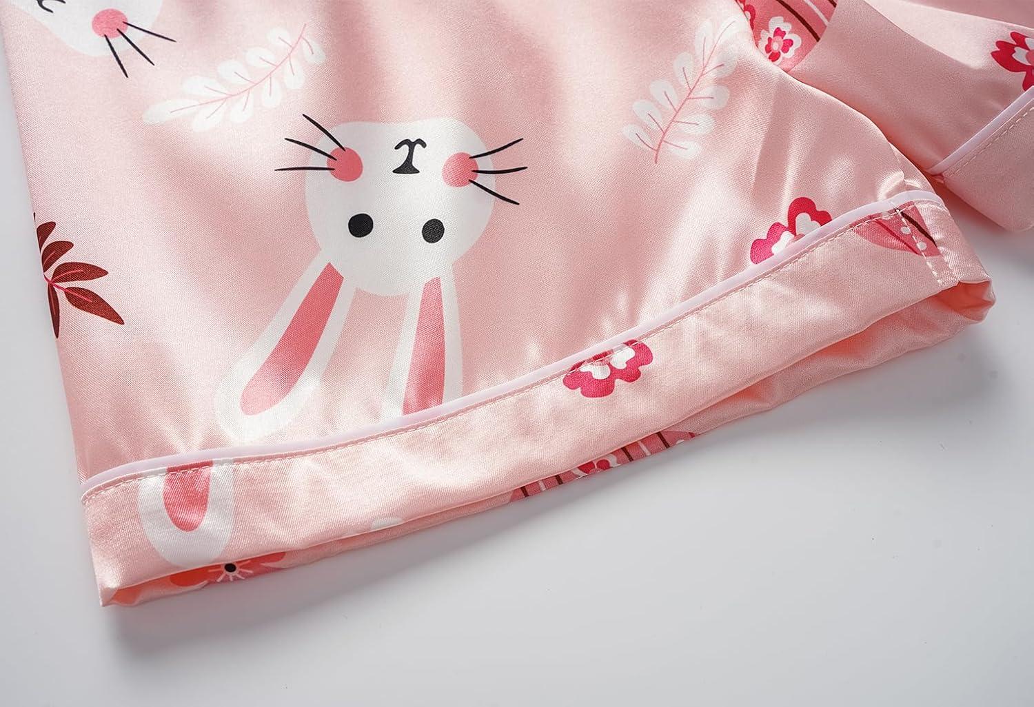 imageVopmocld Satin Pajama Sets Unisex Boys and Girls Silk Button Down Short Sleeve amp Shorts amp Pants Sleepwear 3PCS Loungewear PJSEaster Pink Bunny
