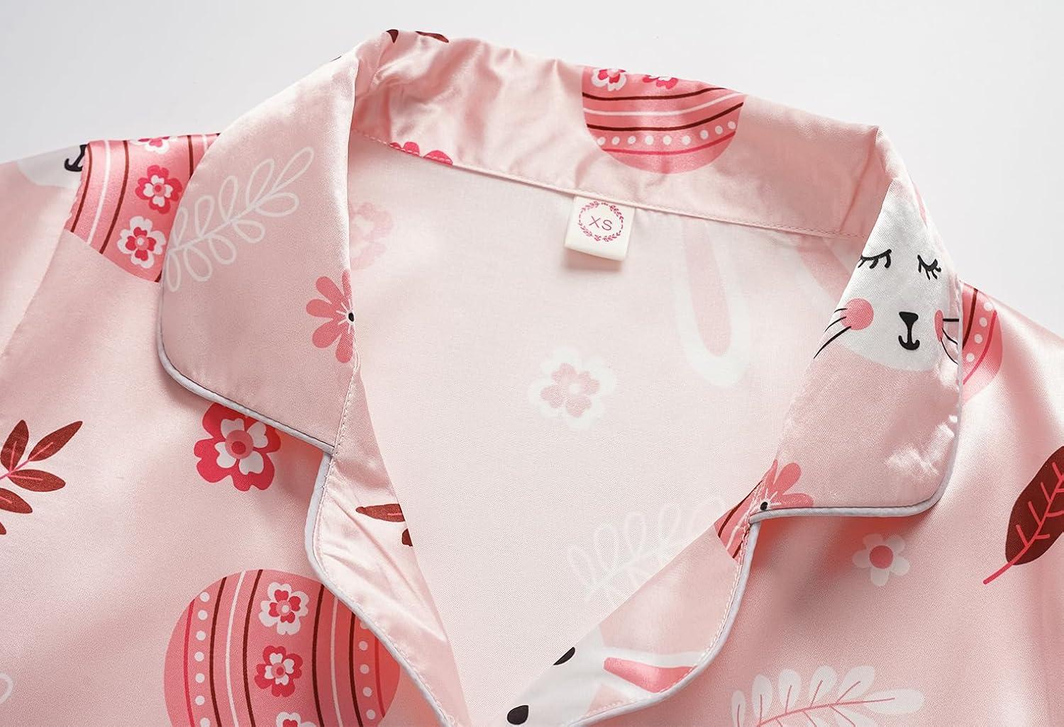 imageVopmocld Satin Pajama Sets Unisex Boys and Girls Silk Button Down Short Sleeve amp Shorts amp Pants Sleepwear 3PCS Loungewear PJSEaster Pink Bunny