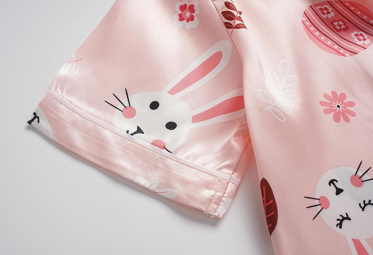 imageVopmocld Satin Pajama Sets Unisex Boys and Girls Silk Button Down Short Sleeve amp Shorts amp Pants Sleepwear 3PCS Loungewear PJSEaster Pink Bunny