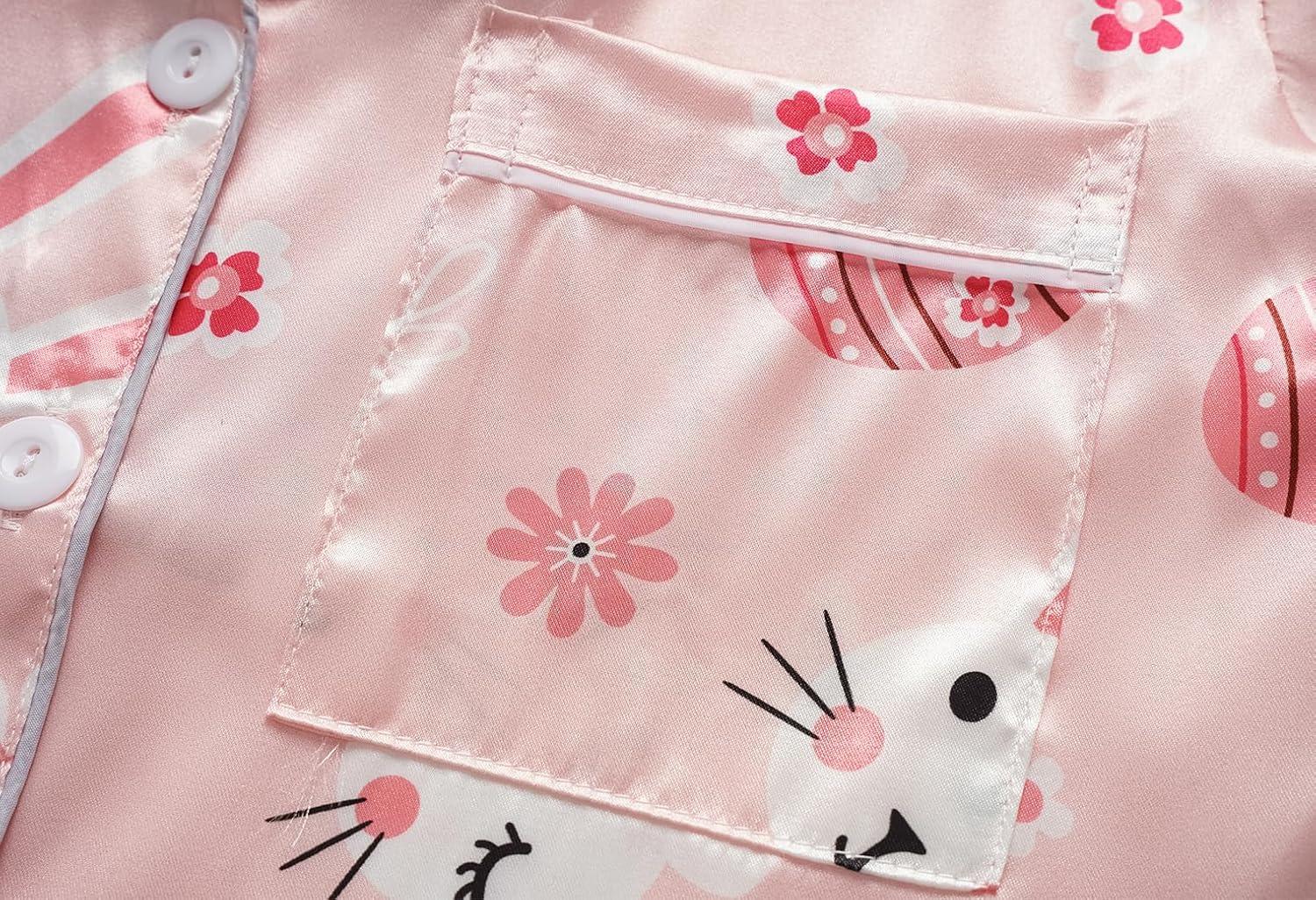 imageVopmocld Satin Pajama Sets Unisex Boys and Girls Silk Button Down Short Sleeve amp Shorts amp Pants Sleepwear 3PCS Loungewear PJSEaster Pink Bunny