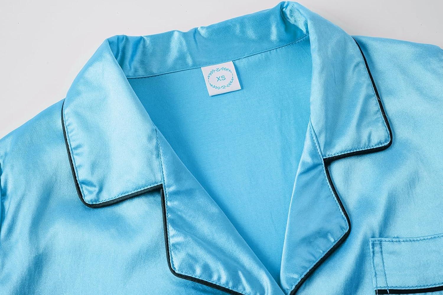 imageVopmocld Satin Pajama Sets Unisex Boys and Girls Silk Button Down Short Sleeve amp Shorts amp Pants Sleepwear 3PCS Loungewear PJSLake Blue