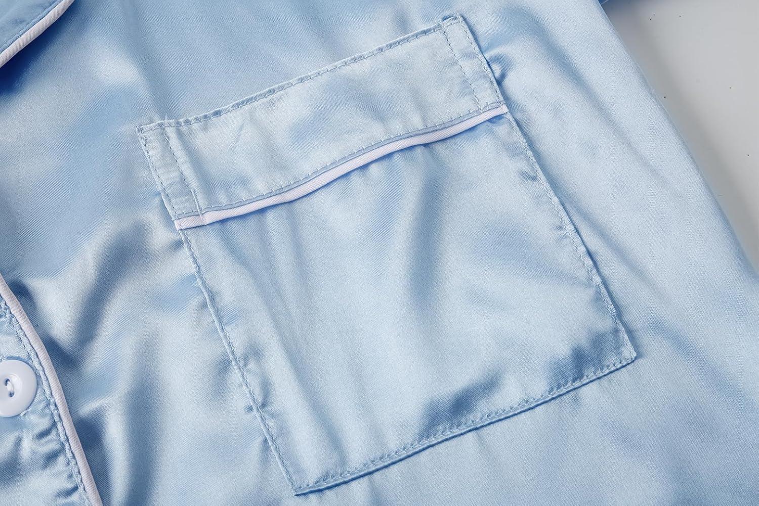 imageVopmocld Satin Pajama Sets Unisex Boys and Girls Silk Button Down Short Sleeve amp Shorts amp Pants Sleepwear 3PCS Loungewear PJSSky Blue