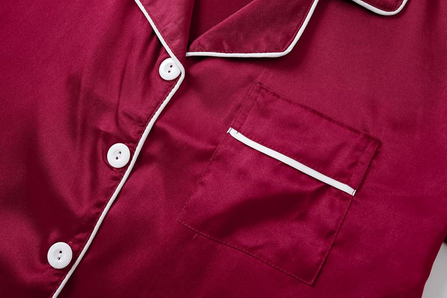 imageVopmocld Satin Pajama Sets Unisex Boys and Girls Silk Button Down Short Sleeve amp Shorts amp Pants Sleepwear 3PCS Loungewear PJSWine Red
