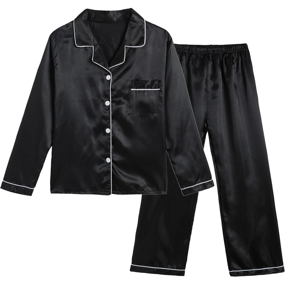 imageVopmocld Big Kids Unisex Pjs Set Girls Boys Silk Pajama Sets Satin Clasic Sleepwear Long Sleeve 2 Pieces Button Down NightyBlack