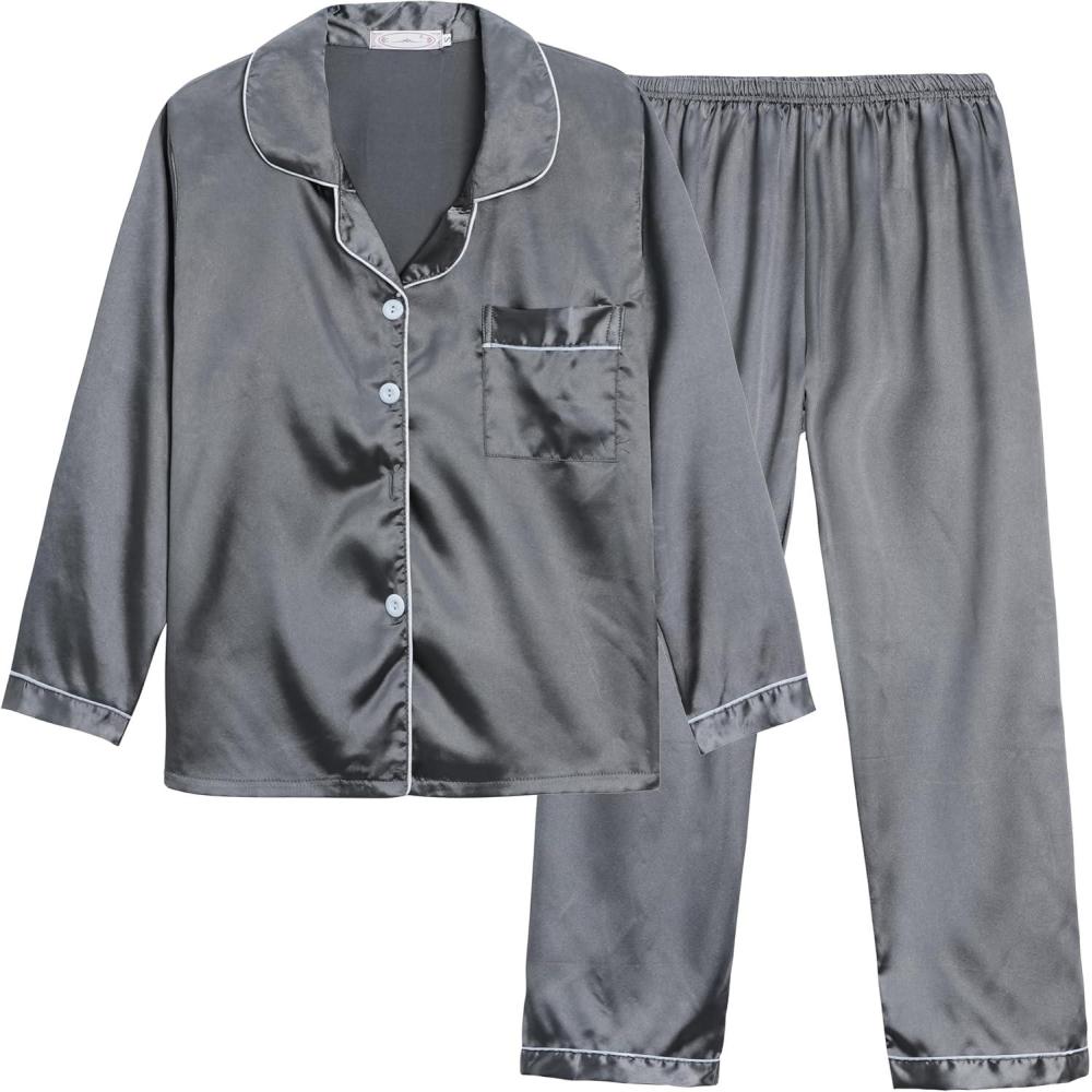 imageVopmocld Big Kids Unisex Pjs Set Girls Boys Silk Pajama Sets Satin Clasic Sleepwear Long Sleeve 2 Pieces Button Down NightyDark Gray