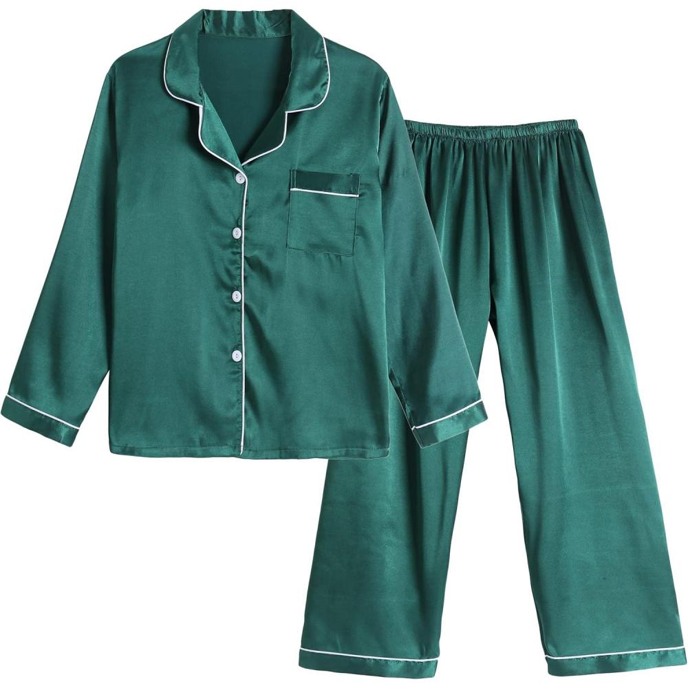 imageVopmocld Big Kids Unisex Pjs Set Girls Boys Silk Pajama Sets Satin Clasic Sleepwear Long Sleeve 2 Pieces Button Down NightyGreen