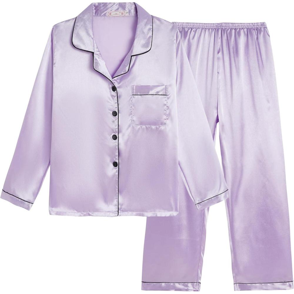 imageVopmocld Big Kids Unisex Pjs Set Girls Boys Silk Pajama Sets Satin Clasic Sleepwear Long Sleeve 2 Pieces Button Down NightyLilac