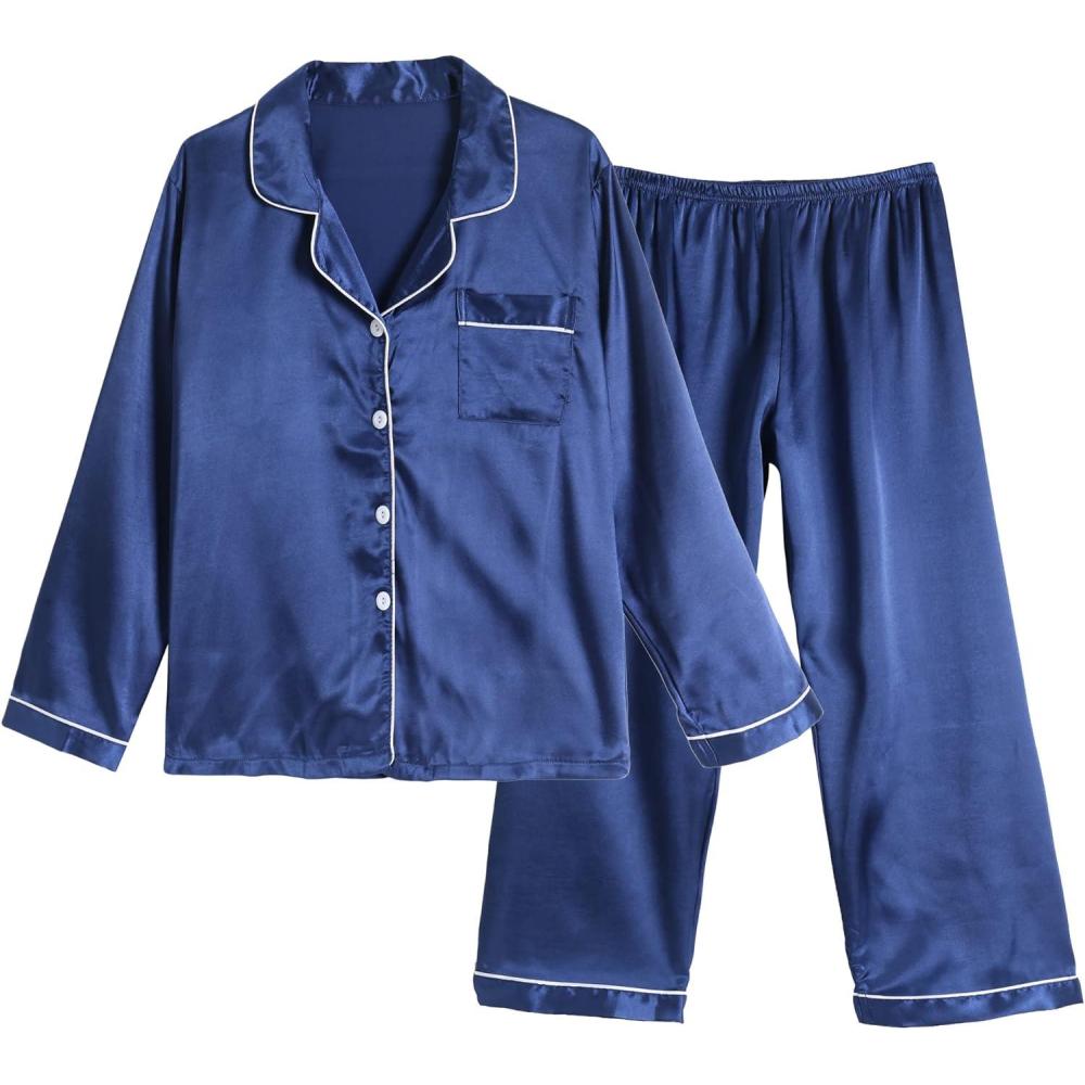 imageVopmocld Big Kids Unisex Pjs Set Girls Boys Silk Pajama Sets Satin Clasic Sleepwear Long Sleeve 2 Pieces Button Down NightyNavy