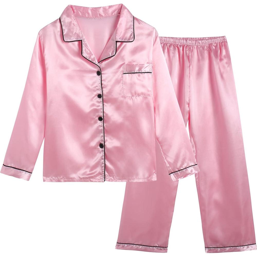 imageVopmocld Big Kids Unisex Pjs Set Girls Boys Silk Pajama Sets Satin Clasic Sleepwear Long Sleeve 2 Pieces Button Down NightyPink