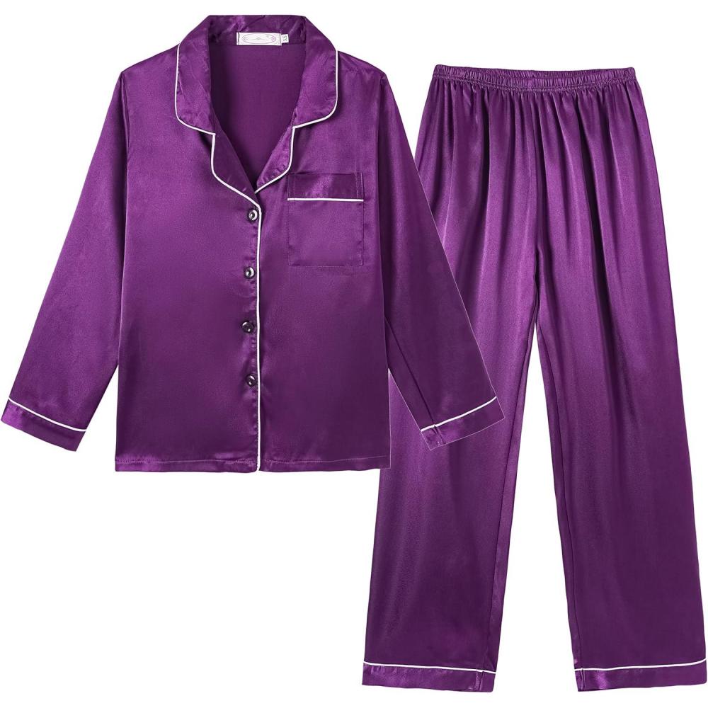 imageVopmocld Big Kids Unisex Pjs Set Girls Boys Silk Pajama Sets Satin Clasic Sleepwear Long Sleeve 2 Pieces Button Down NightyPurple