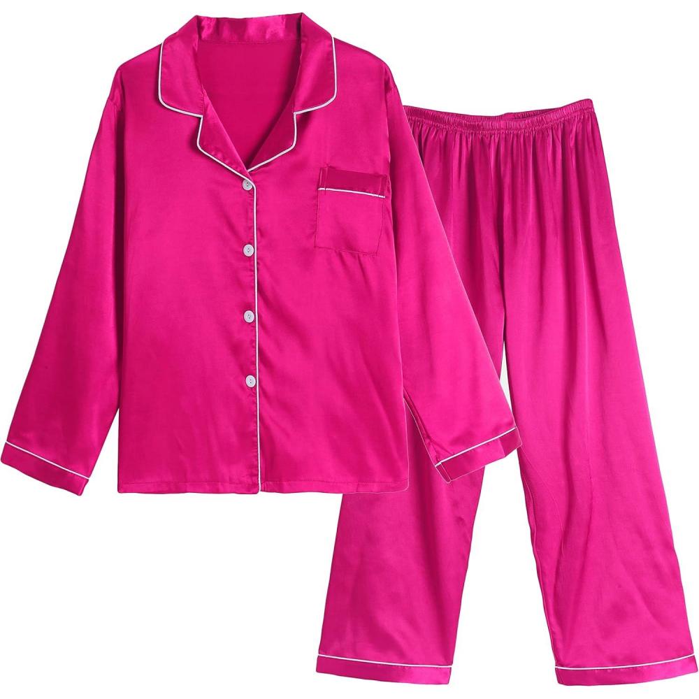 imageVopmocld Big Kids Unisex Pjs Set Girls Boys Silk Pajama Sets Satin Clasic Sleepwear Long Sleeve 2 Pieces Button Down NightyRose