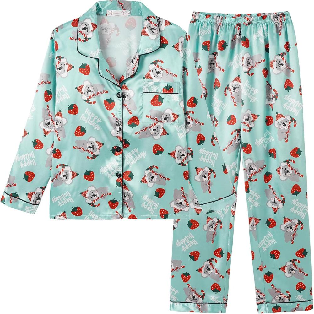 imageVopmocld Big Kids Unisex Pjs Set Girls Boys Silk Pajama Sets Satin Clasic Sleepwear Long Sleeve 2 Pieces Button Down NightyXmas Koala