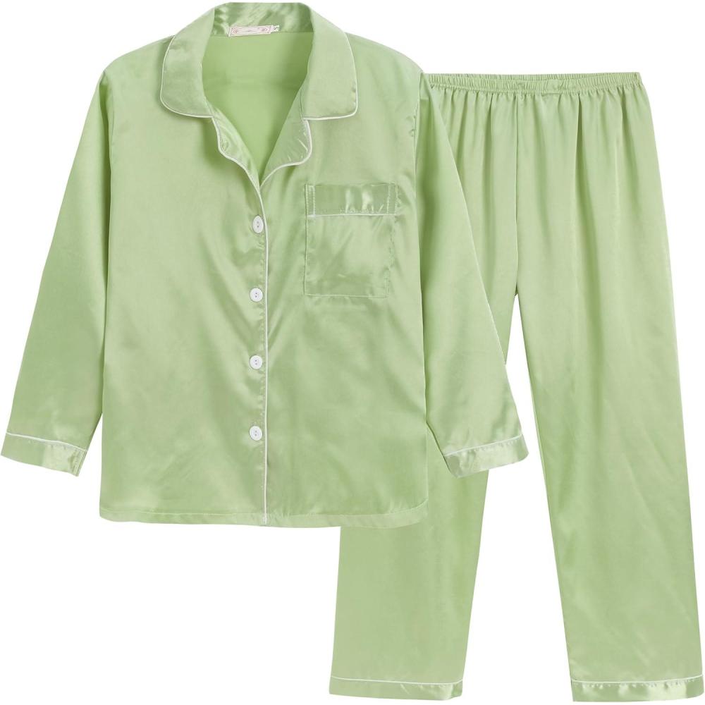imageVopmocld Big Kids Unisex Pjs Set Girls Boys Silk Pajama Sets Satin Clasic Sleepwear Long Sleeve 2 Pieces Button Down NightyYellowish Green
