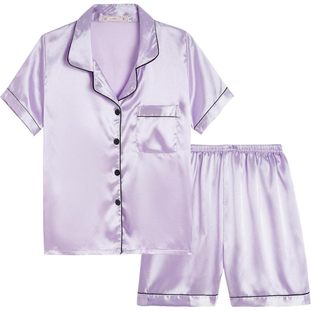 imageVopmocld Big Kids Unisex Pjs Set Girls Boys Silk Pajama Sets Satin Clasic Sleepwear Summer 2 Pieces Button Down Nighty2pcslilacblack Button