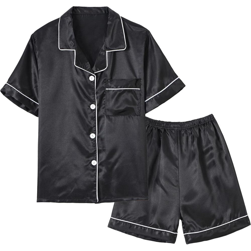 imageVopmocld Big Kids Unisex Pjs Set Girls Boys Silk Pajama Sets Satin Clasic Sleepwear Summer 2 Pieces Button Down NightyBlack