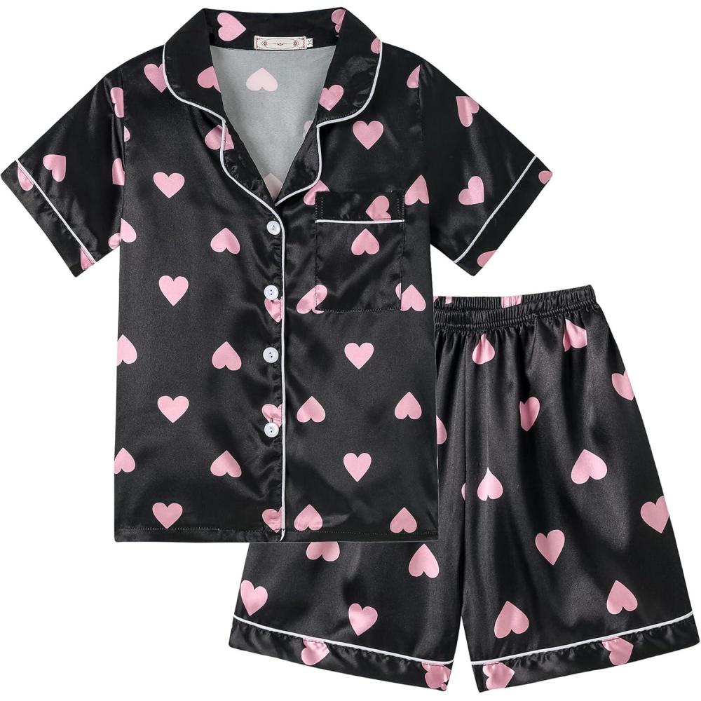 imageVopmocld Big Kids Unisex Pjs Set Girls Boys Silk Pajama Sets Satin Clasic Sleepwear Summer 2 Pieces Button Down NightyBlackPink Hearts