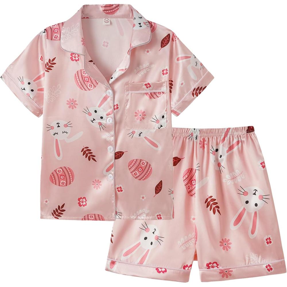 imageVopmocld Big Kids Unisex Pjs Set Girls Boys Silk Pajama Sets Satin Clasic Sleepwear Summer 2 Pieces Button Down NightyEaster Pink Bunny