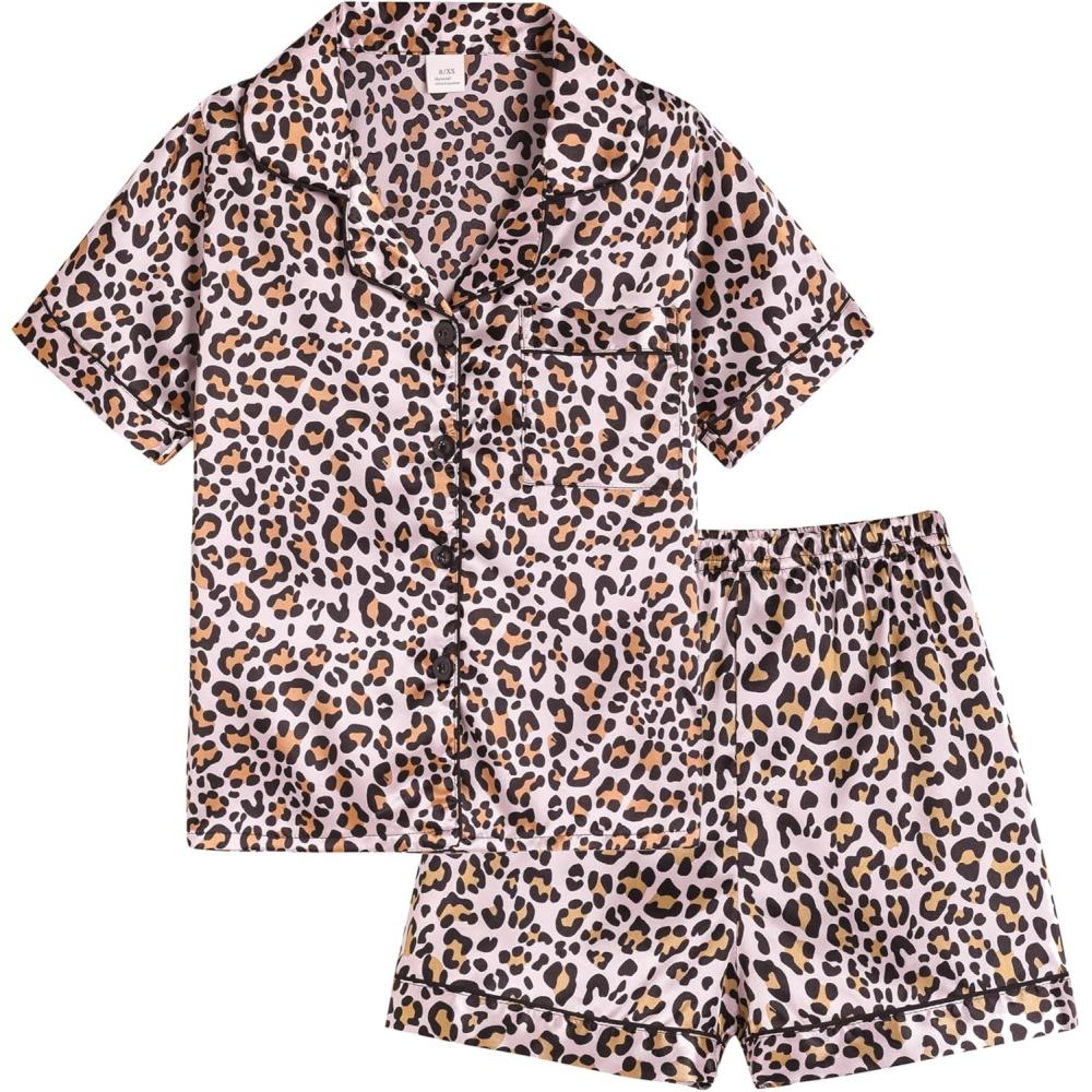 imageVopmocld Big Kids Unisex Pjs Set Girls Boys Silk Pajama Sets Satin Clasic Sleepwear Summer 2 Pieces Button Down NightyFull Printed Leopard