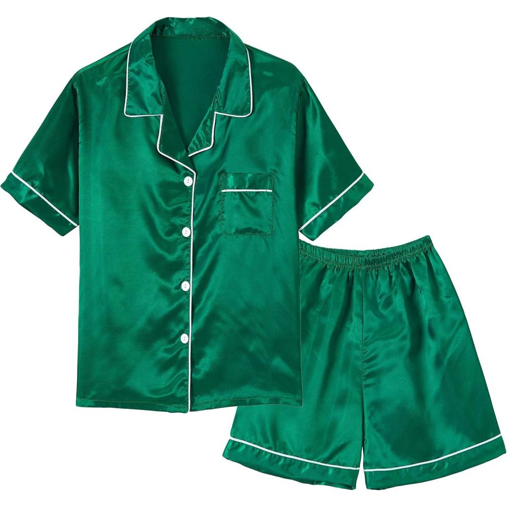 imageVopmocld Big Kids Unisex Pjs Set Girls Boys Silk Pajama Sets Satin Clasic Sleepwear Summer 2 Pieces Button Down NightyGreen