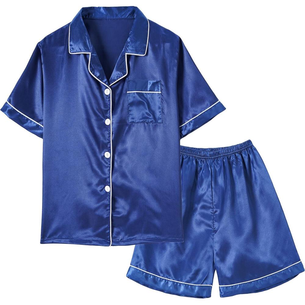 imageVopmocld Big Kids Unisex Pjs Set Girls Boys Silk Pajama Sets Satin Clasic Sleepwear Summer 2 Pieces Button Down NightyNavy