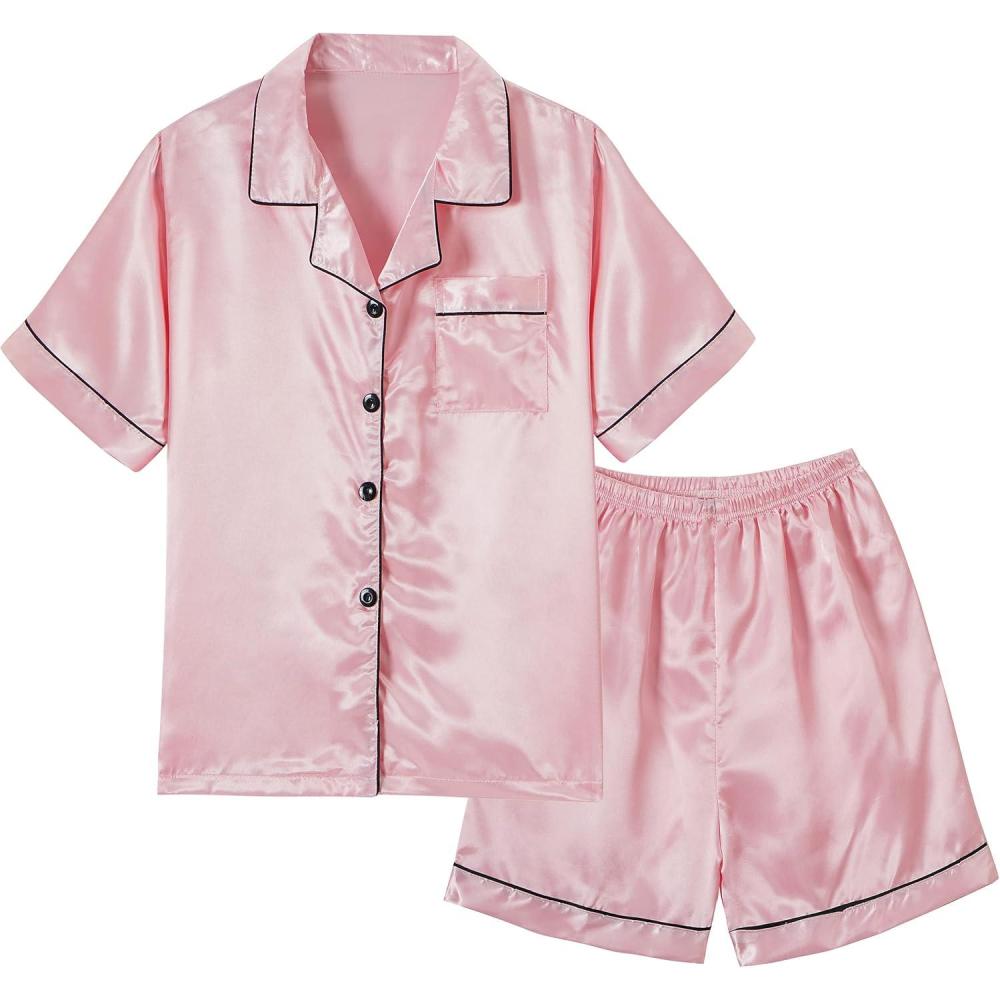 imageVopmocld Big Kids Unisex Pjs Set Girls Boys Silk Pajama Sets Satin Clasic Sleepwear Summer 2 Pieces Button Down NightyPink