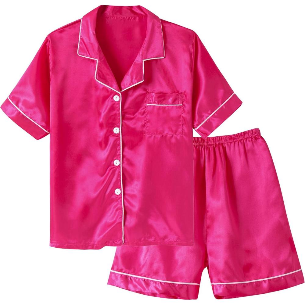 imageVopmocld Big Kids Unisex Pjs Set Girls Boys Silk Pajama Sets Satin Clasic Sleepwear Summer 2 Pieces Button Down NightyRose