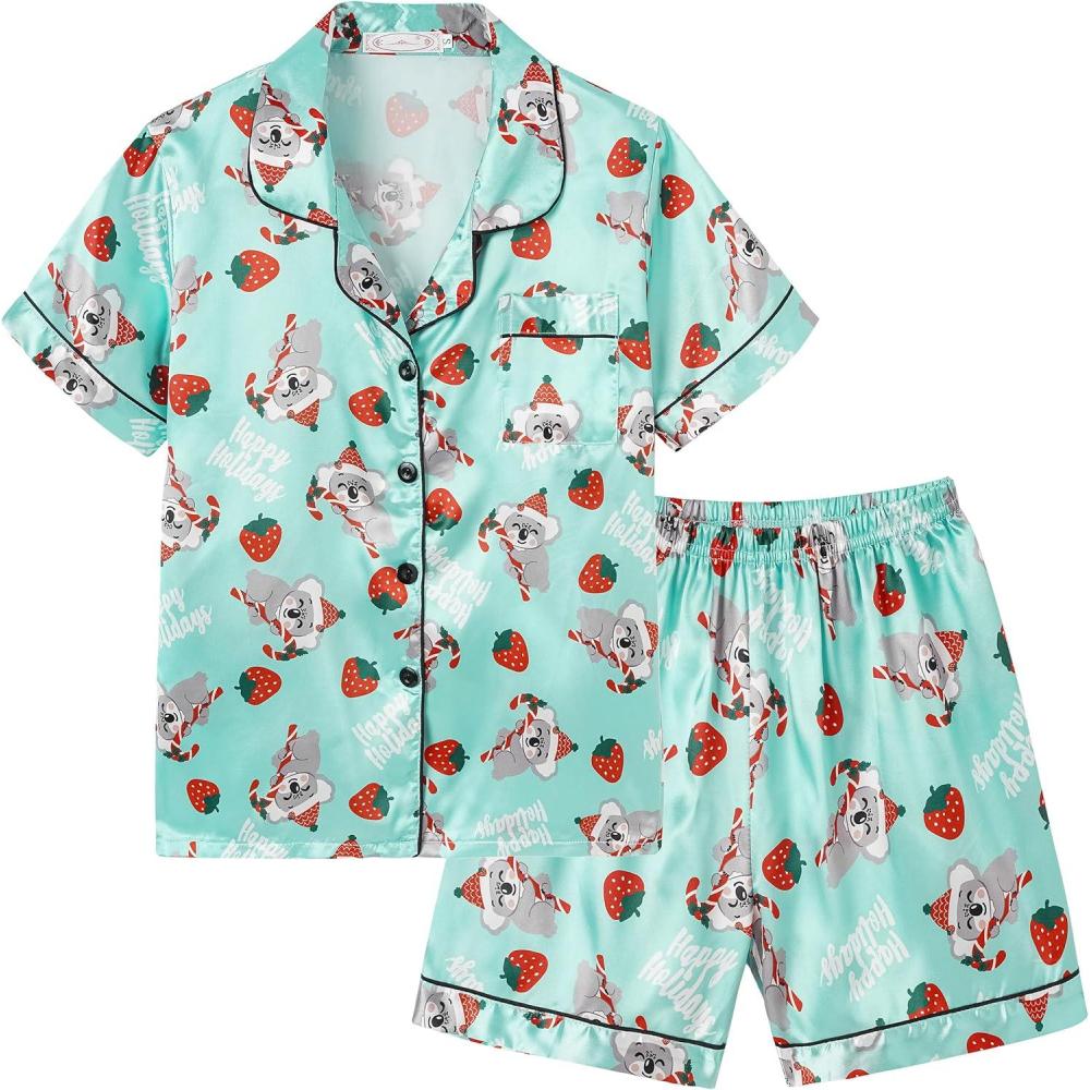 imageVopmocld Big Kids Unisex Pjs Set Girls Boys Silk Pajama Sets Satin Clasic Sleepwear Summer 2 Pieces Button Down NightyXmas Koala