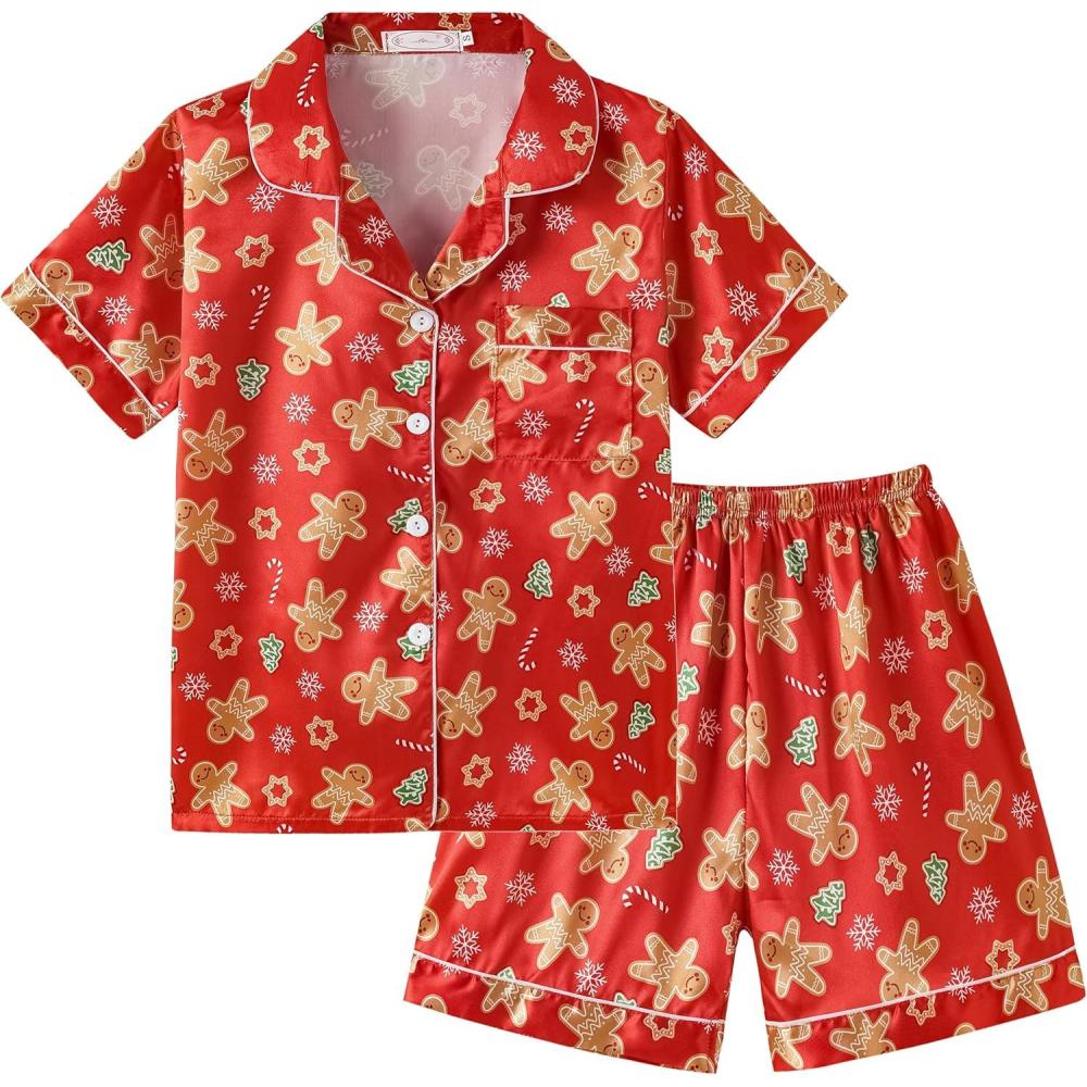 imageVopmocld Big Kids Unisex Pjs Set Girls Boys Silk Pajama Sets Satin Clasic Sleepwear Summer 2 Pieces Button Down NightyXmas Red