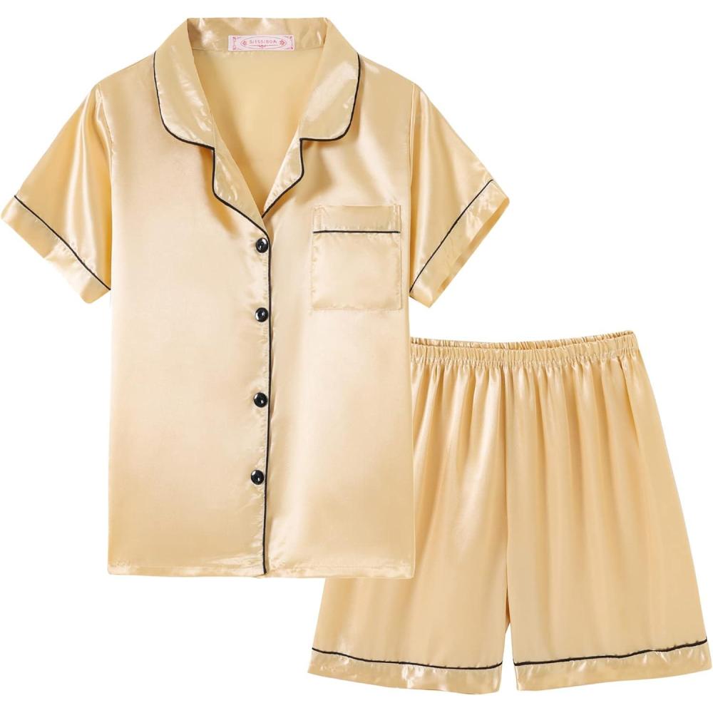 imageVopmocld Big Kids Unisex Pjs Set Girls Boys Silk Pajama Sets Satin Clasic Sleepwear Summer 2 Pieces Button Down NightyYellow