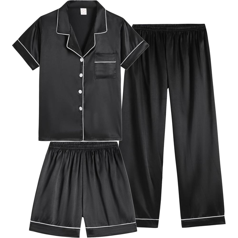 imageVopmocld Satin Pajama Sets Unisex Boys and Girls Silk Button Down Short Sleeve amp Shorts amp Pants Sleepwear 3PCS Loungewear PJSBlack