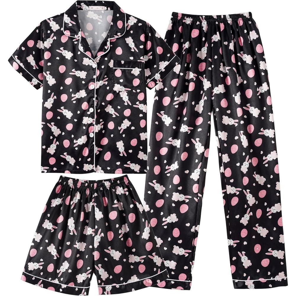 imageVopmocld Satin Pajama Sets Unisex Boys and Girls Silk Button Down Short Sleeve amp Shorts amp Pants Sleepwear 3PCS Loungewear PJSBlack Bunny