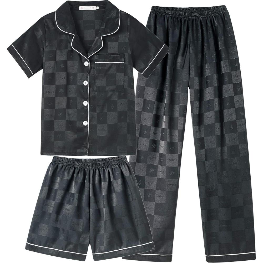 imageVopmocld Satin Pajama Sets Unisex Boys and Girls Silk Button Down Short Sleeve amp Shorts amp Pants Sleepwear 3PCS Loungewear PJSBlack Plaid Love