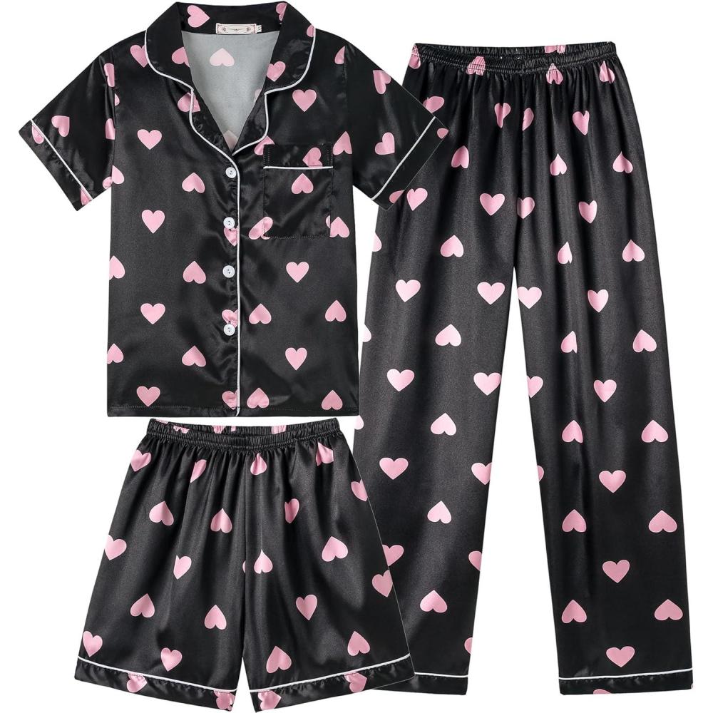 imageVopmocld Satin Pajama Sets Unisex Boys and Girls Silk Button Down Short Sleeve amp Shorts amp Pants Sleepwear 3PCS Loungewear PJSBlackPink Hearts