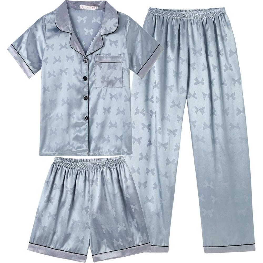 imageVopmocld Satin Pajama Sets Unisex Boys and Girls Silk Button Down Short Sleeve amp Shorts amp Pants Sleepwear 3PCS Loungewear PJSBowknot