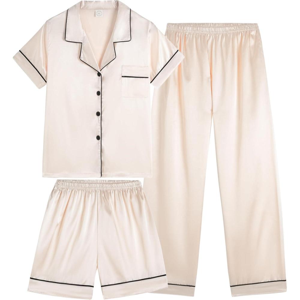 imageVopmocld Satin Pajama Sets Unisex Boys and Girls Silk Button Down Short Sleeve amp Shorts amp Pants Sleepwear 3PCS Loungewear PJSChampagne