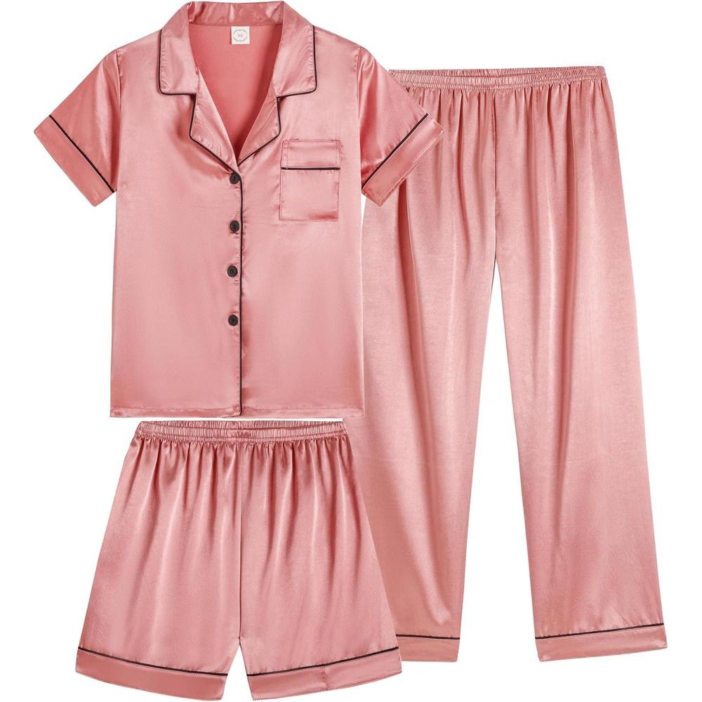 imageVopmocld Satin Pajama Sets Unisex Boys and Girls Silk Button Down Short Sleeve amp Shorts amp Pants Sleepwear 3PCS Loungewear PJSCoral Pink