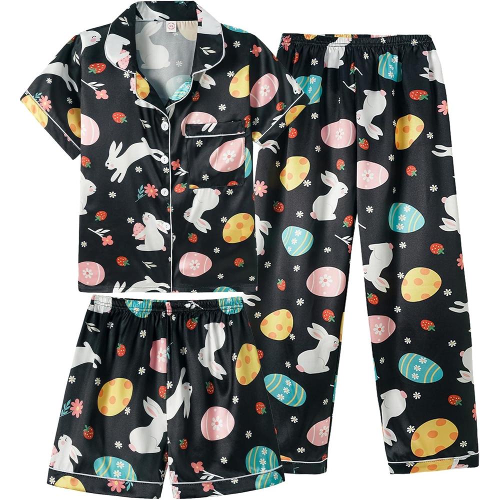 imageVopmocld Satin Pajama Sets Unisex Boys and Girls Silk Button Down Short Sleeve amp Shorts amp Pants Sleepwear 3PCS Loungewear PJSEaster Black Bunny