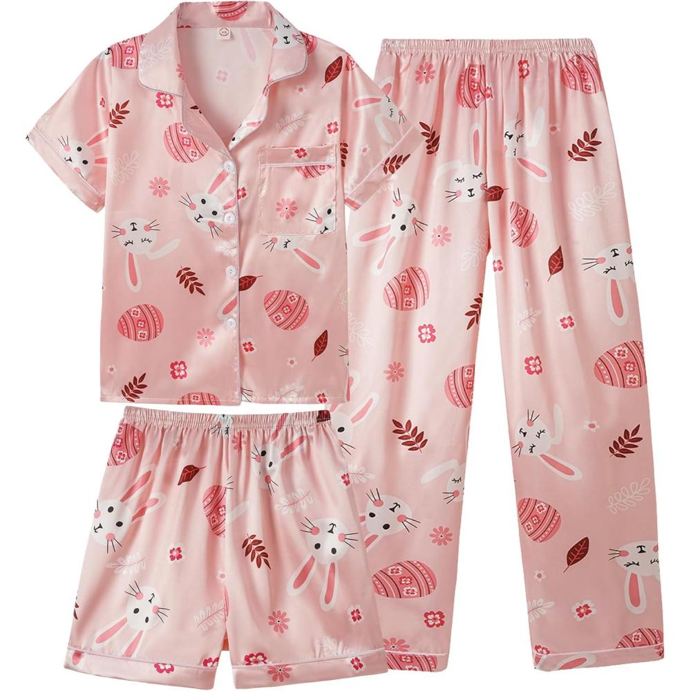 imageVopmocld Satin Pajama Sets Unisex Boys and Girls Silk Button Down Short Sleeve amp Shorts amp Pants Sleepwear 3PCS Loungewear PJSEaster Pink Bunny