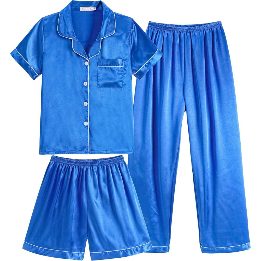 imageVopmocld Satin Pajama Sets Unisex Boys and Girls Silk Button Down Short Sleeve amp Shorts amp Pants Sleepwear 3PCS Loungewear PJSGem Blue