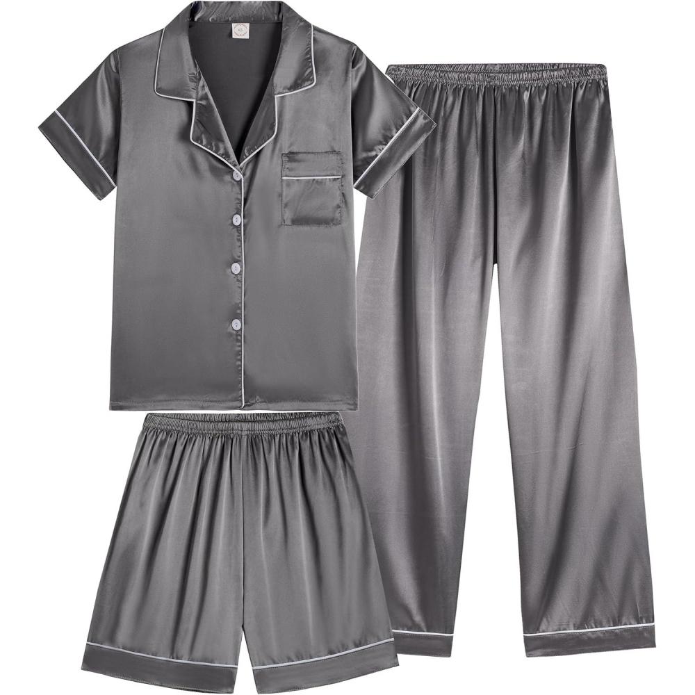imageVopmocld Satin Pajama Sets Unisex Boys and Girls Silk Button Down Short Sleeve amp Shorts amp Pants Sleepwear 3PCS Loungewear PJSGrey