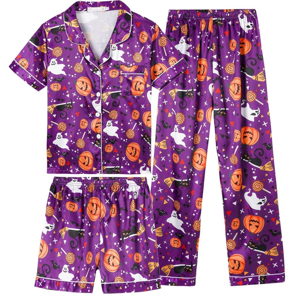 imageVopmocld Satin Pajama Sets Unisex Boys and Girls Silk Button Down Short Sleeve amp Shorts amp Pants Sleepwear 3PCS Loungewear PJSHalloween