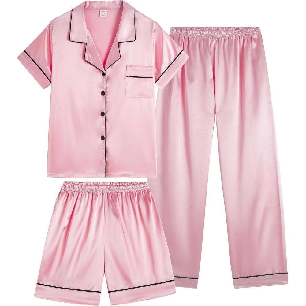 imageVopmocld Satin Pajama Sets Unisex Boys and Girls Silk Button Down Short Sleeve amp Shorts amp Pants Sleepwear 3PCS Loungewear PJSLight Pink